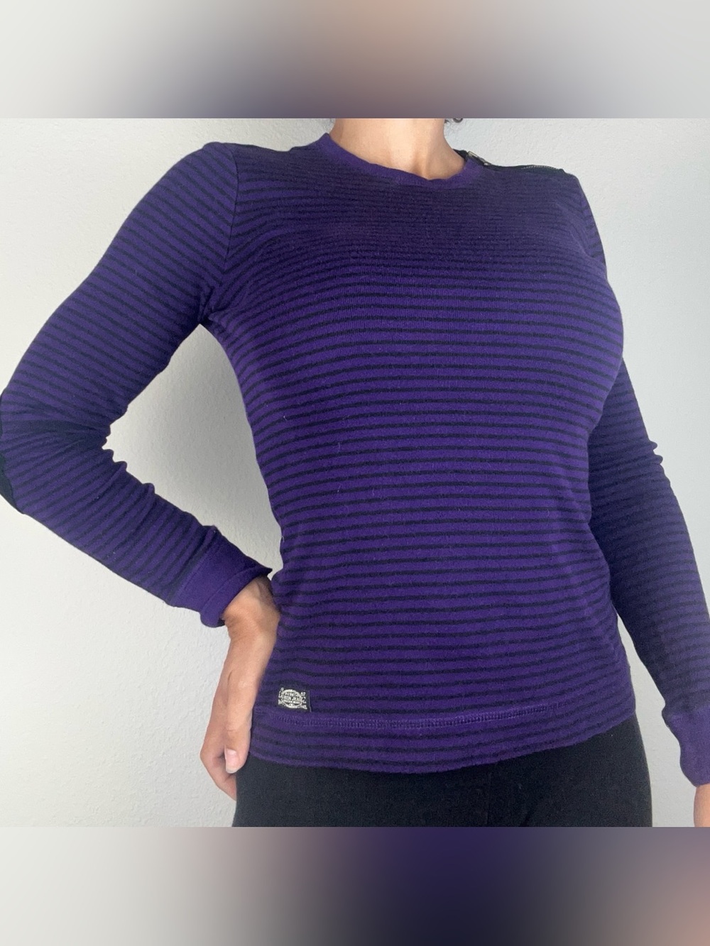 Ralph Lauren Jeans Co Striped Long Sleeve Top size S Purple Black elbow patches